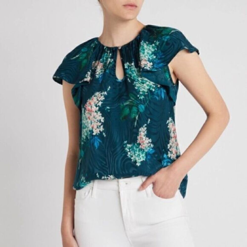 REBECCA TAYLOR SHORT SLEEVE HYDRANGEA TOP TEAL NWT